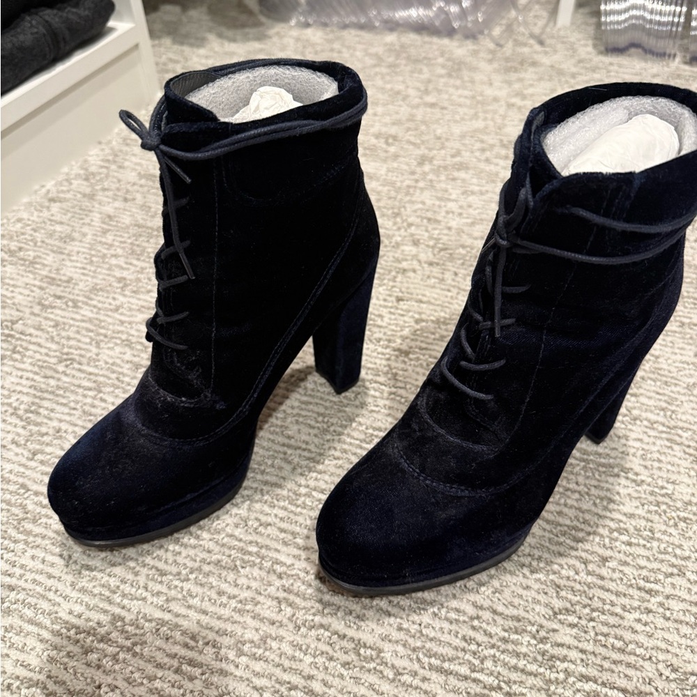 Navy velvet lace up booties